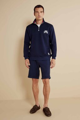 %100 Pamuk Bato Yaka Nakışlı Sweatshirt - Lacivert (görsel 4)