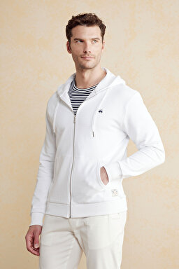 %100 Pamuk Patch Detaylı Fermuarlı Hoodie - Kırık Beyaz