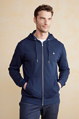 %100 Pamuk Patch Detaylı Fermuarlı Hoodie - Lacivert