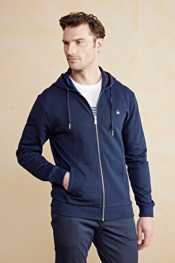 %100 Pamuk Patch Detaylı Fermuarlı Hoodie - Lacivert (görsel 2)