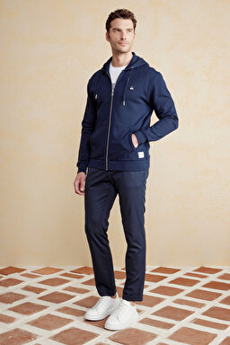 %100 Pamuk Patch Detaylı Fermuarlı Hoodie - Lacivert (görsel 3)
