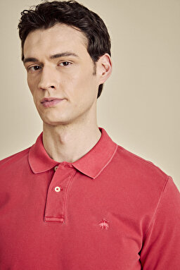 %100 Pamuk Polo Yaka Parça Boya 2 Düğmeli T-shirt - Kırmızı (görsel 4)