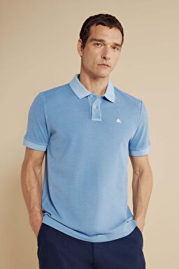%100 Pamuk Polo Yaka Parça Boya 2 Düğmeli T-shirt - Koyu Mavi