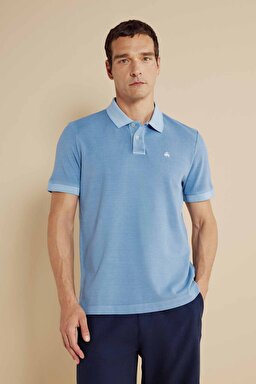 %100 Pamuk Polo Yaka Parça Boya 2 Düğmeli T-shirt - Koyu Mavi (görsel 3)