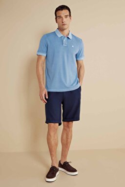 %100 Pamuk Polo Yaka Parça Boya 2 Düğmeli T-shirt - Koyu Mavi (görsel 4)