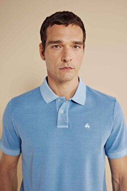 %100 Pamuk Polo Yaka Parça Boya 2 Düğmeli T-shirt - Koyu Mavi (görsel 5)