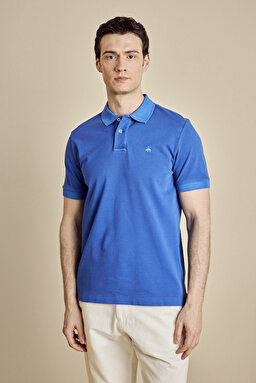 %100 Pamuk Polo Yaka Parça Boya 2 Düğmeli T-shirt - Saks Mavi