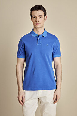 %100 Pamuk Polo Yaka Parça Boya 2 Düğmeli T-shirt - Saks Mavi (görsel 2)