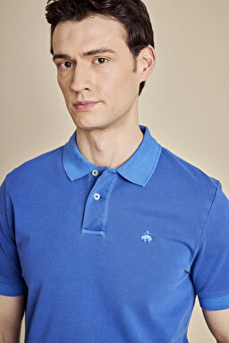 %100 Pamuk Polo Yaka Parça Boya 2 Düğmeli T-shirt - Saks Mavi (görsel 4)