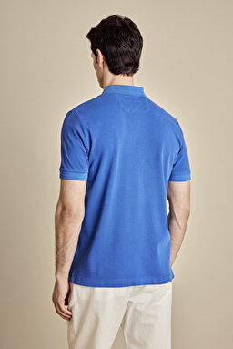 %100 Pamuk Polo Yaka Parça Boya 2 Düğmeli T-shirt - Saks Mavi (görsel 5)