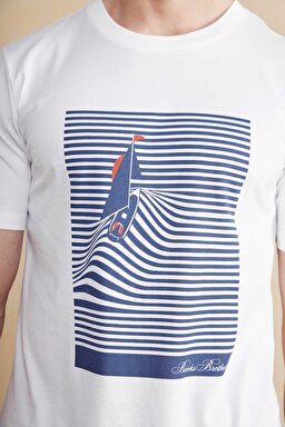 Pamuk Karışımlı Bisiklet Yaka Sailing Baskılı Tişört - Kırık Beyaz (görsel 6)