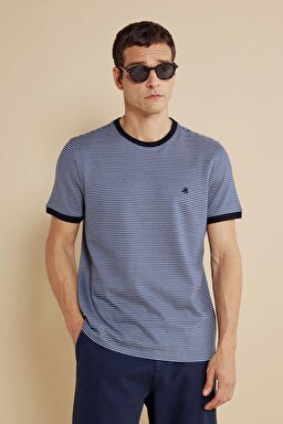%100 Pamuk Bisiklet Yaka Çizgili Casual T-shirt - Kırık Beyaz-Lacivert