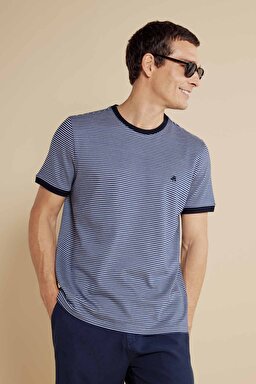 %100 Pamuk Bisiklet Yaka Çizgili Casual T-shirt - Kırık Beyaz-Lacivert (görsel 3)