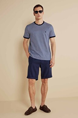 %100 Pamuk Bisiklet Yaka Çizgili Casual T-shirt - Kırık Beyaz-Lacivert (görsel 4)