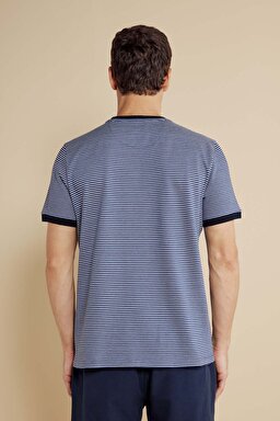 %100 Pamuk Bisiklet Yaka Çizgili Casual T-shirt - Kırık Beyaz-Lacivert (görsel 6)