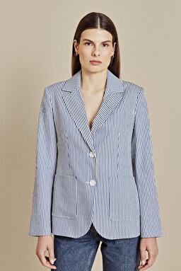 Çizgili  Gofre  Mono Blazer - Mavi Çizgili