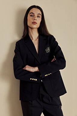 Logo Nakışlı Yarım Astar Mono Blazer - Lacivert