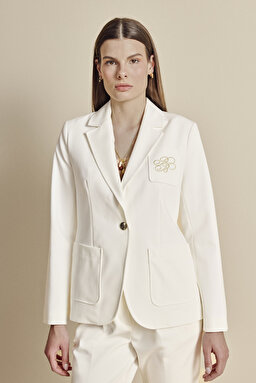 Logo Nakışlı Yarım Astar Mono Blazer - Ekru (görsel 3)