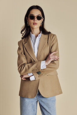 100% Kaşmir Logo Astarlı Loro Piana Puntolu Mono Blazer - Camel