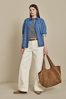 %100 Pamuk Yüksel Bel Wide Leg Denim Pantolon - Beyaz