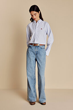%100 Pamuk Yüksel Bel Wide Leg Denim Pantolon - Buz Mavisi (görsel 3)