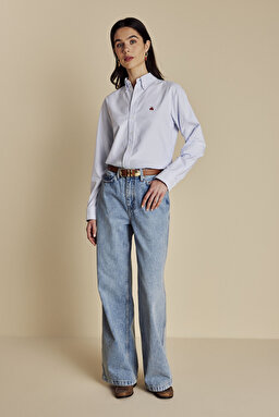 %100 Pamuk Yüksel Bel Wide Leg Denim Pantolon - Buz Mavisi (görsel 4)