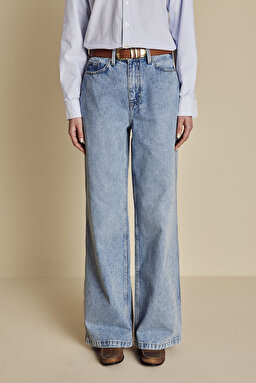 %100 Pamuk Yüksel Bel Wide Leg Denim Pantolon - Buz Mavisi (görsel 5)