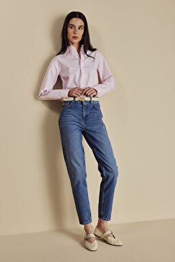 %100 Pamuk Yüksek Bel Slim Mom Fit Denim Pantolon - Mavi (görsel 2)