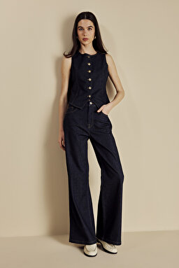 Yüksek Bel Wide Leg Denim Pantolon - Lacivert