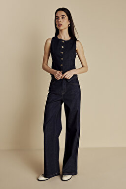 Yüksek Bel Wide Leg Denim Pantolon - Lacivert (görsel 3)
