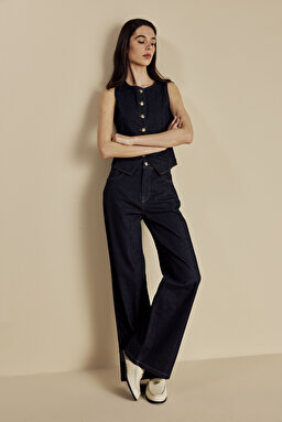 Yüksek Bel Wide Leg Denim Pantolon - Lacivert (görsel 4)