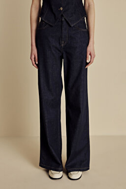 Yüksek Bel Wide Leg Denim Pantolon - Lacivert (görsel 5)