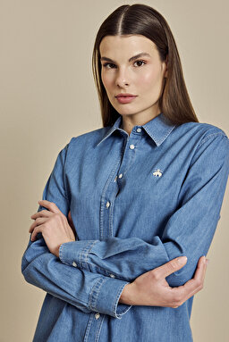 %100 Pamuk Logo Nakışlı Denim Görünümlü Gömlek - Mavi (görsel 3)