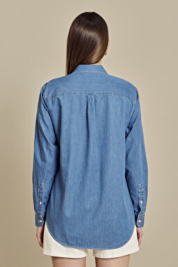 %100 Pamuk Logo Nakışlı Denim Görünümlü Gömlek - Mavi (görsel 7)
