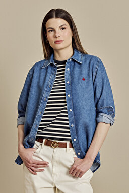 Logo Nakışlı Denim Gömlek - Koyu Indigo (görsel 2)