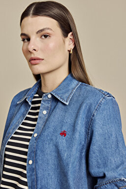 Logo Nakışlı Denim Gömlek - Koyu Indigo (görsel 5)