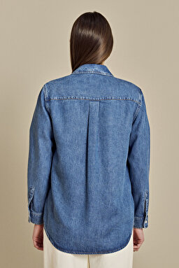 Logo Nakışlı Denim Gömlek - Koyu Indigo (görsel 6)