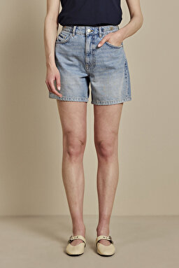 Metal Toka Detaylı Denim Şort - Mavi (görsel 3)