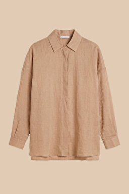 %100 Rami Apoletli  Oversize Gömlek - Camel