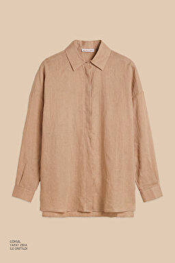 %100 Rami Apoletli  Oversize Gömlek - Camel