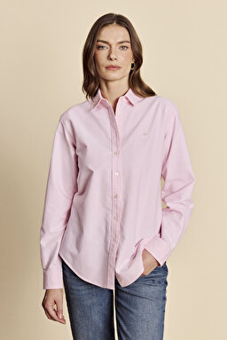%100 Pamuk Logo Nakışlı  Oxford Gömlek - Pembe
