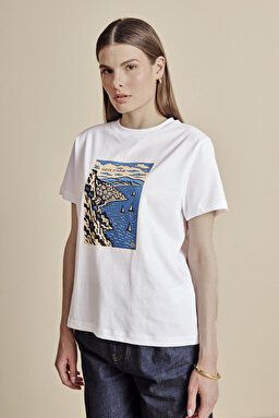 %100 Pamuk Cote D'Azur baskılı Tshirt - Kırık Beyaz (görsel 2)