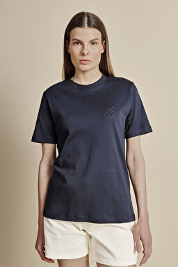 %100 Pamuk Bisiklet Yaka Eva Nakışlı T-shirt - Lacivert