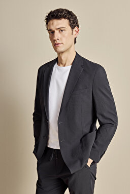 Mono Yaka Torba Cep Slim Fit Gofre Ceket - Lacivert (görsel 3)