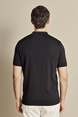 Polo Yaka Düğmeli Rayon Kısa Kol Kazak - Siyah (görsel 6)