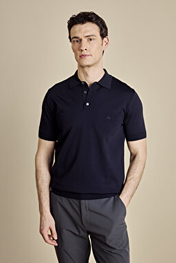 Polo Yaka Düğmeli Rayon Kısa Kol Kazak - Lacivert (görsel 2)