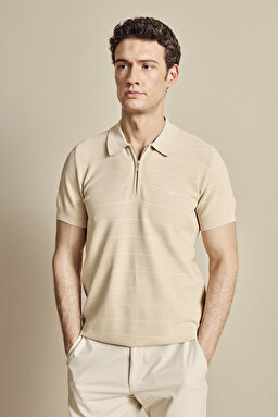Fermuarlı Polo Yaka Çizgili Kısa Kol Rayon Kazak - Bej-Kırık Beyaz