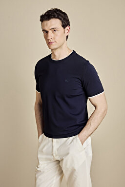 Bisiklet Yaka ve Kolu Çizgili Rayon Kısa Kollu Kazak - Lacivert-Kırık Beyaz (görsel 2)