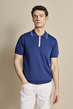 Polo Yaka Patı Çizgili Rayon Kazak - Saks Mavi
