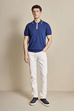 Polo Yaka Patı Çizgili Rayon Kazak - Saks Mavi (görsel 3)